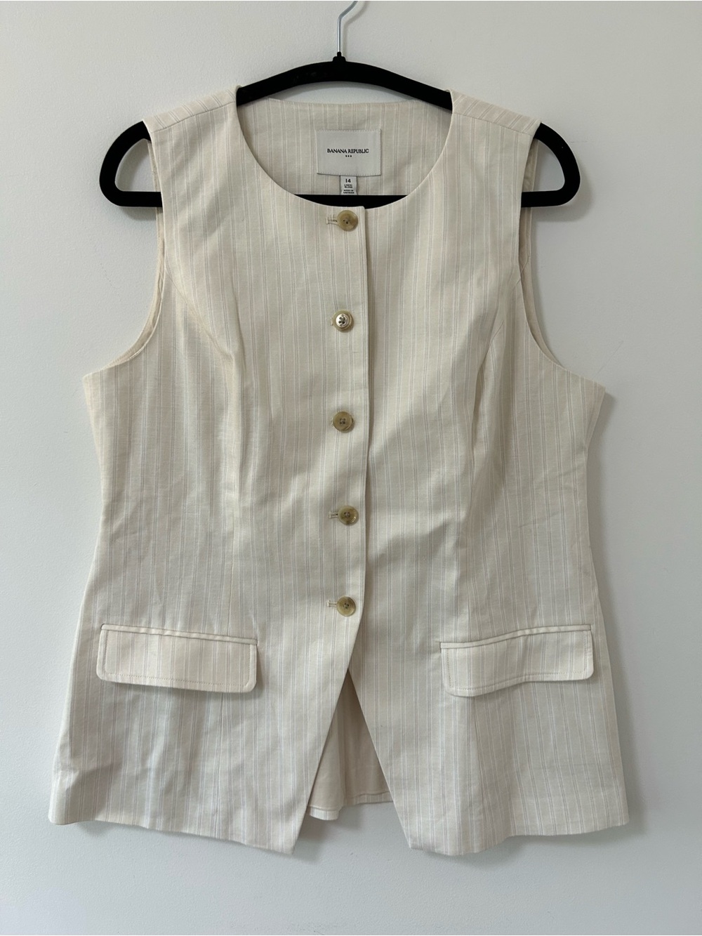 Banana Republic Cream Pinstripe Buttoned Sleeveless Vest linen stretch 14